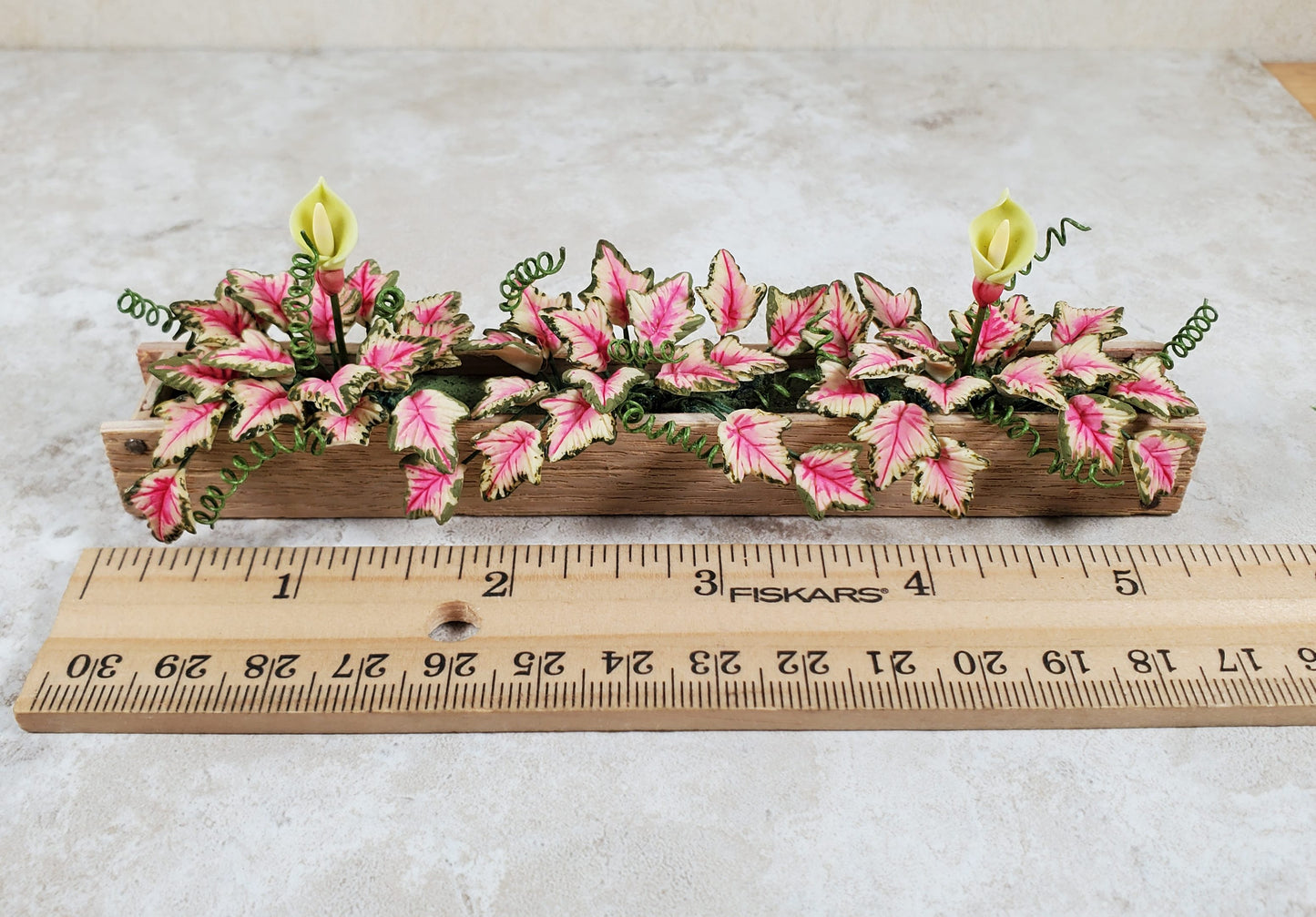 Dollhouse Pink Caladium in a 5.25" Window Box Planter 1:12 Scale Miniature