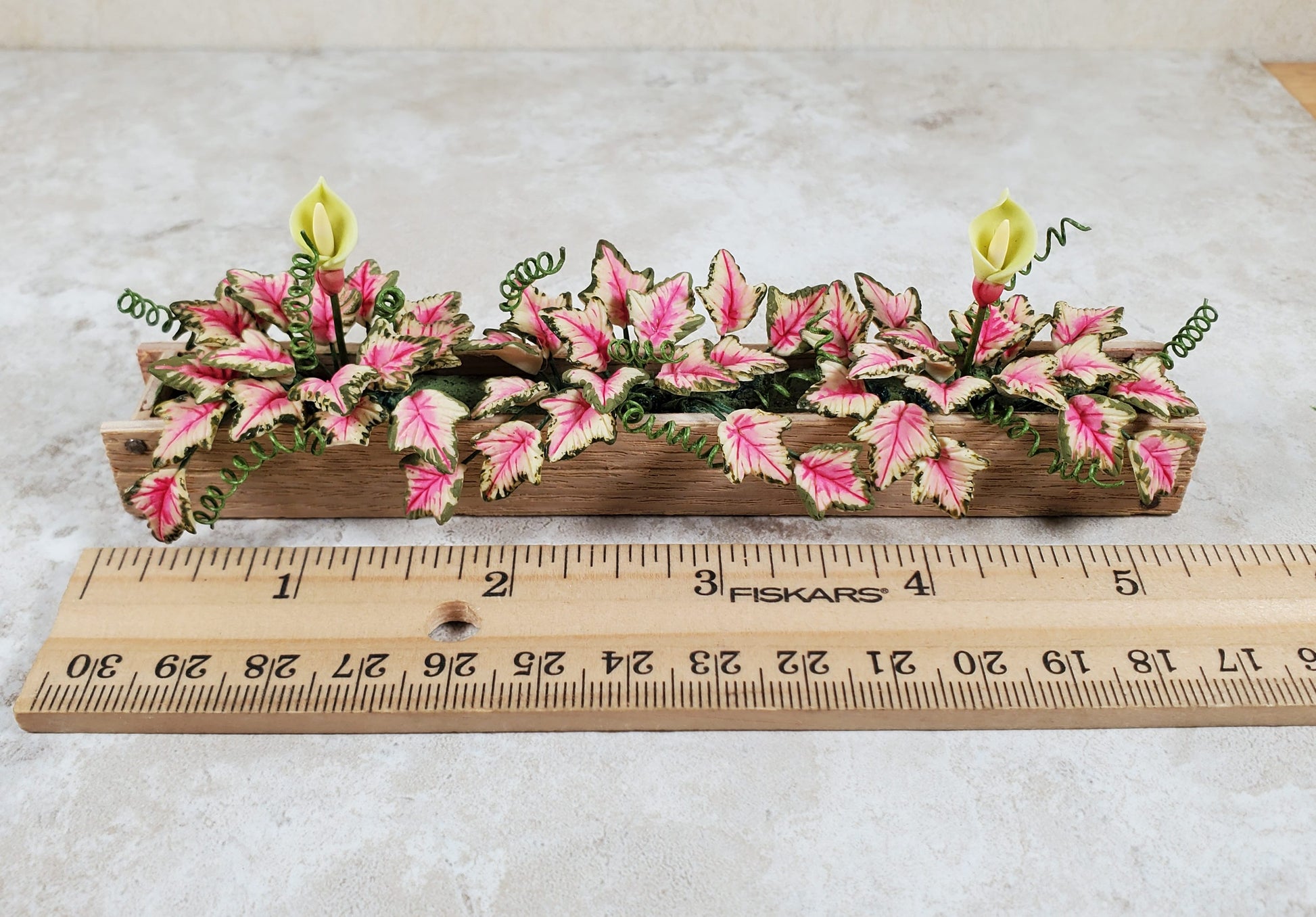 Dollhouse Pink Caladium in a 5.25" Window Box Planter 1:12 Scale Miniature