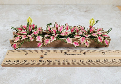 Dollhouse Pink Caladium in a 5.25" Window Box Planter 1:12 Scale Miniature