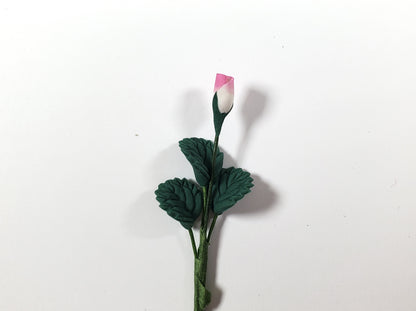 Dollhouse White & Pink Rose Bud Single Stem with Foliage 1:12 Scale Miniature