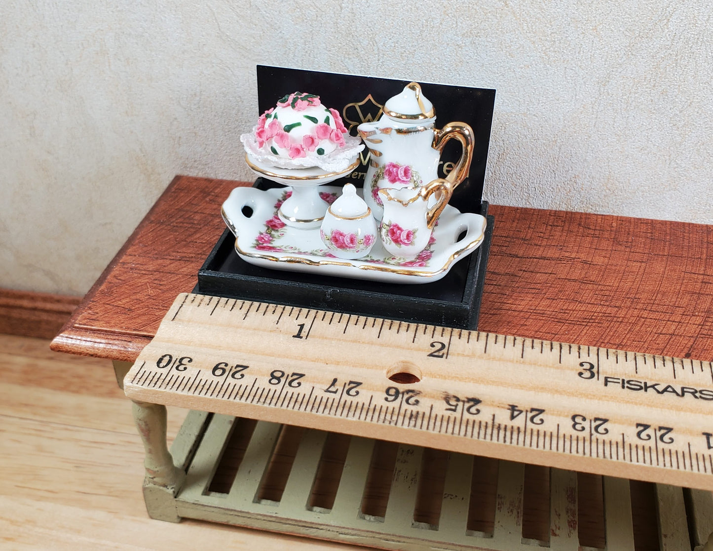 Dollhouse Coffee Tray with Rose Cake Reutter Porcelain 1:12 Scale Miniature