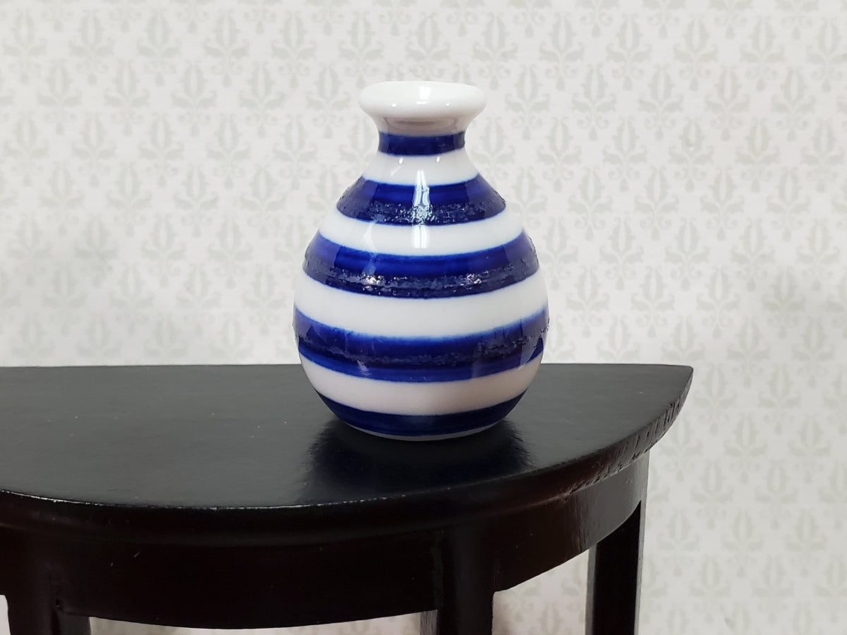 Dollhouse Vase Wide Blue & White Stripes Ceramic 1:12 Scale Miniature