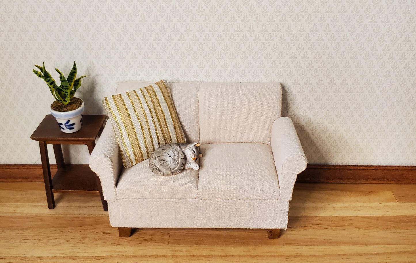 Dollhouse Miniature Pillow Cream & Gold Handmade 1:12 Scale 1 1/2"