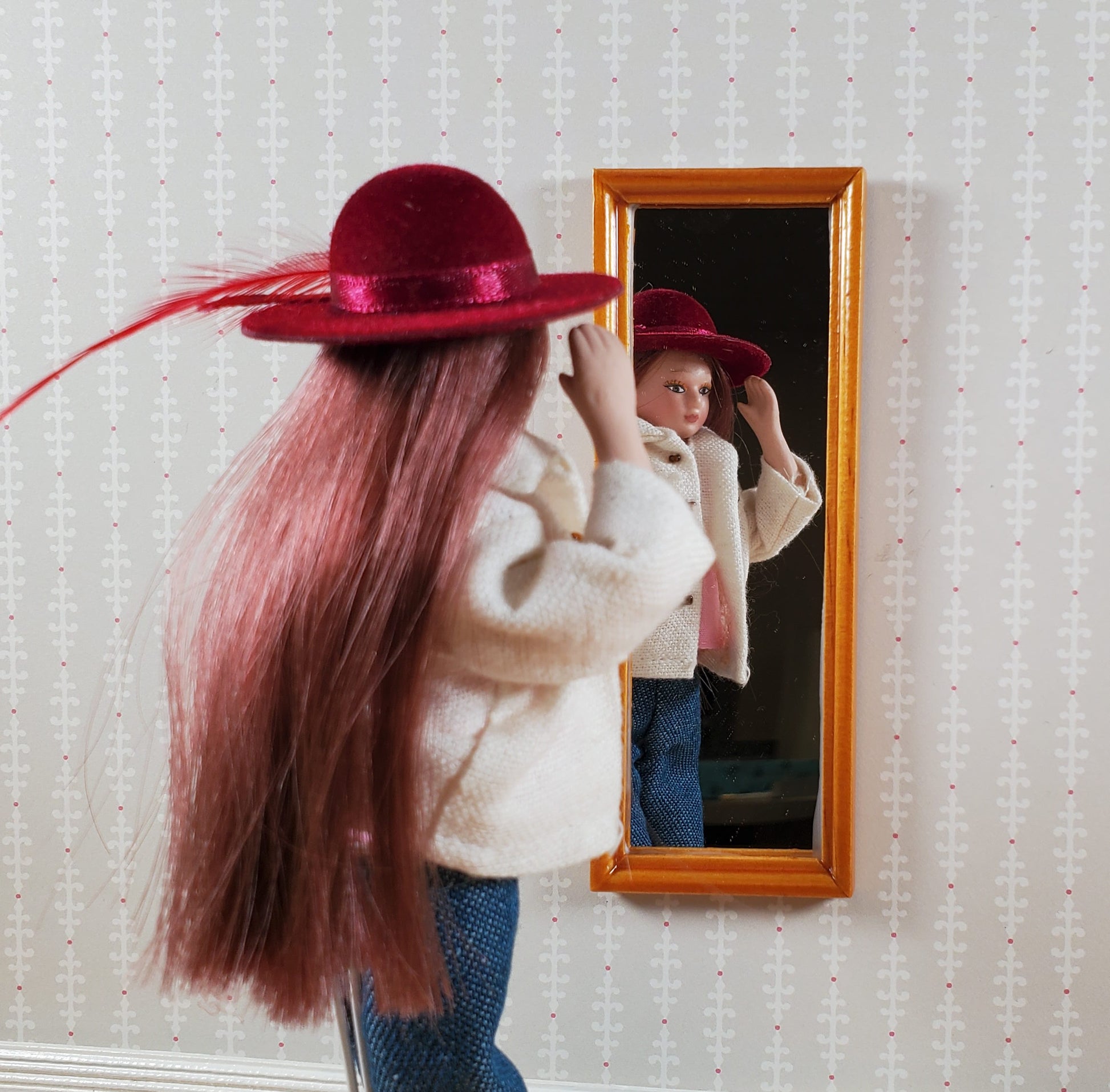 Dollhouse Mirror Full Length Dressing Wood Frame Modern 1:12 Scale Miniature Accessory