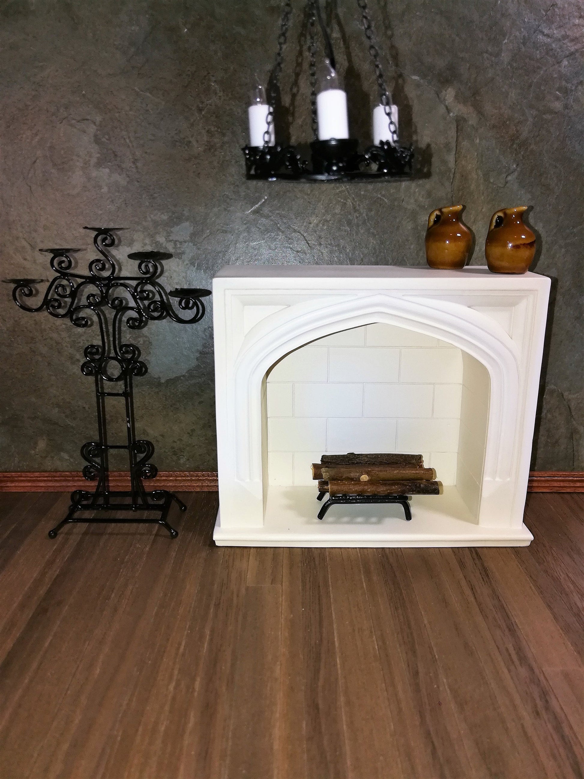 Dollhouse Miniature Large Tudor Gothic Victorian Style Fireplace 1:12 Scale
