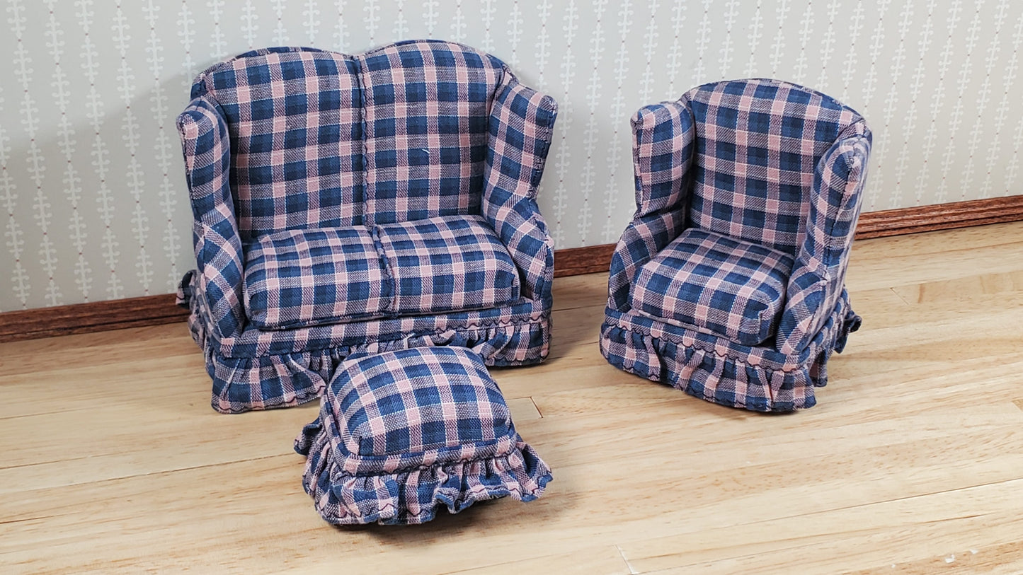 Dollhouse Small Sofa Chair Ottoman Navy & Pink Plaid 1:12 Scale Miniature Furniture