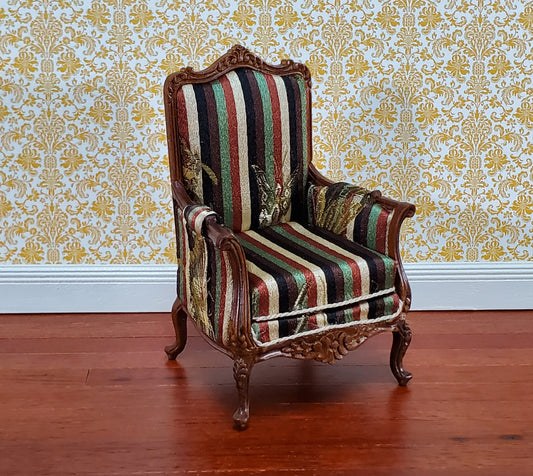 JBM Dollhouse Chair Victorian Style Striped Neutral Fabric 1:12 Scale Furniture