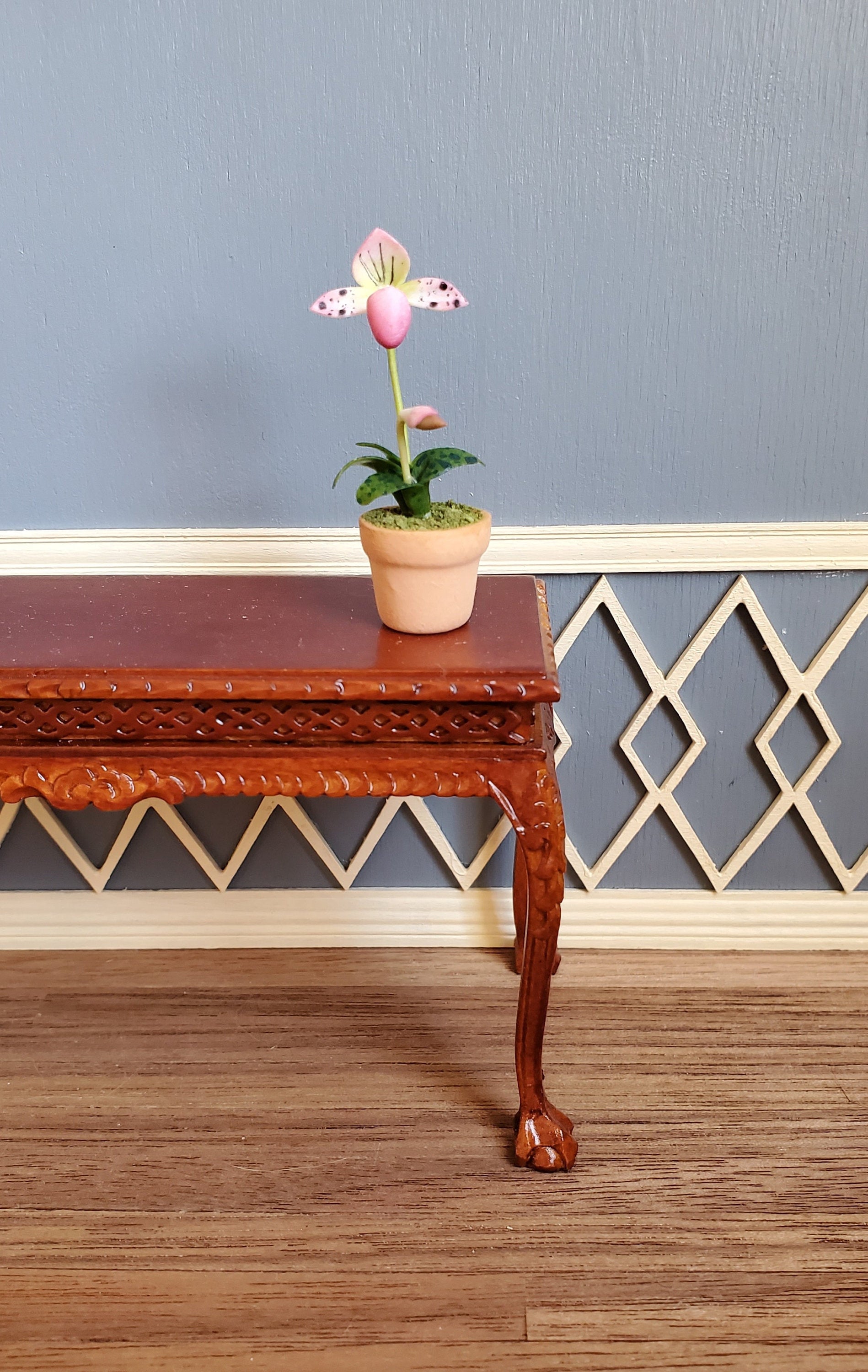 Dollhouse Miniature Potted Orchid Pink & White Flowering Plant in Clay Pot 1:12 Scale