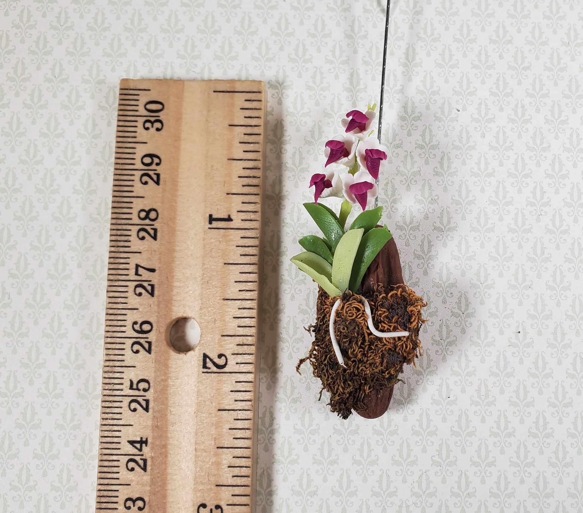 Dollhouse Hanging Orchid White Dark Purple Bark & Moss 1:12 Scale Plant