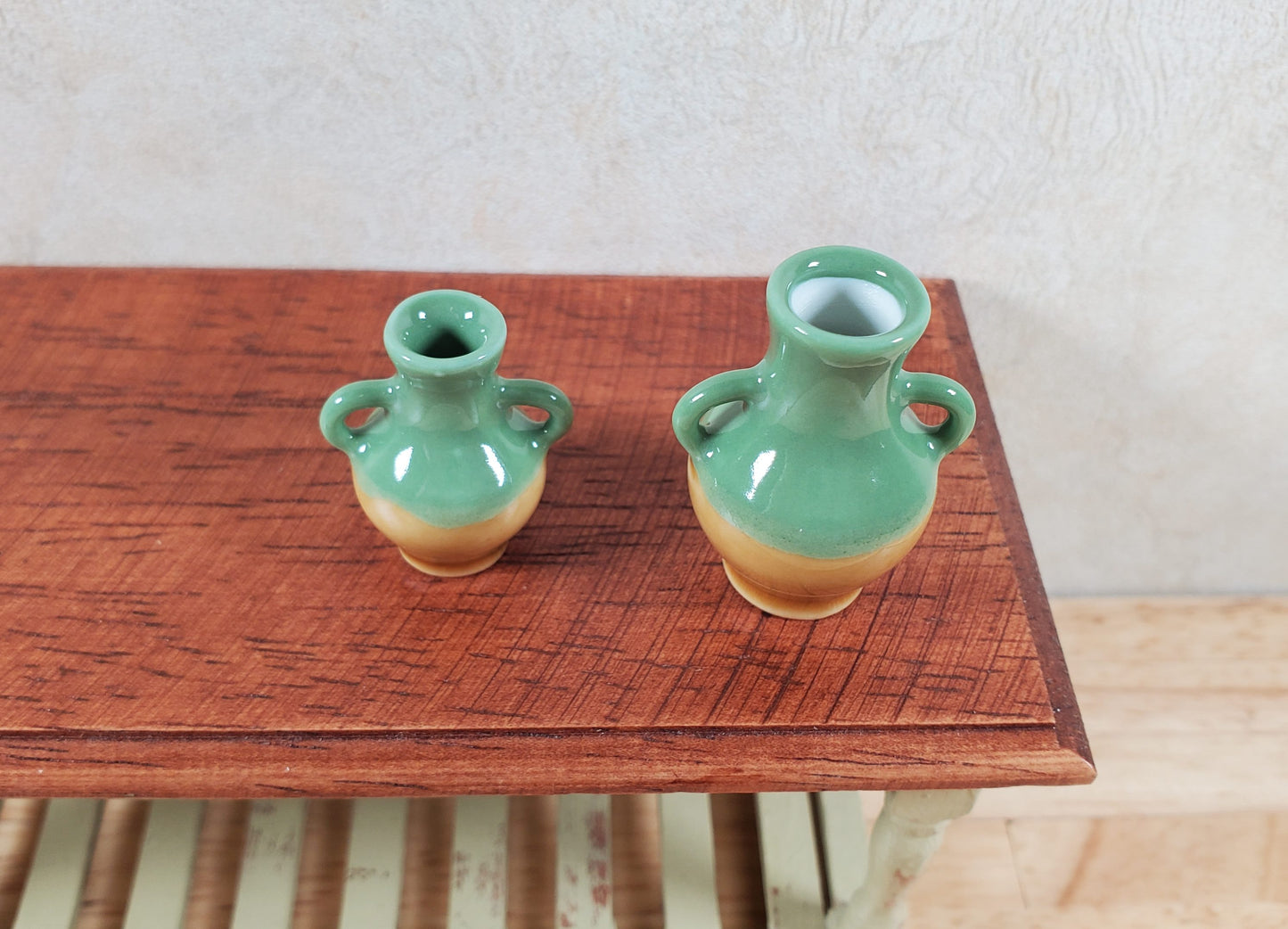 Dollhouse 2 Handled Urns Set of 2 Jugs Green & Brown 1:12 Scale Miniature