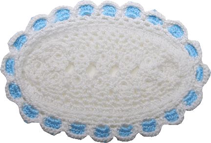 Dollhouse Hand Crocheted Oval Doily White with Blue Trim 1:12 Scale Miniature