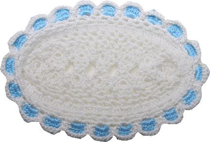 Dollhouse Hand Crocheted Oval Doily White with Blue Trim 1:12 Scale Miniature