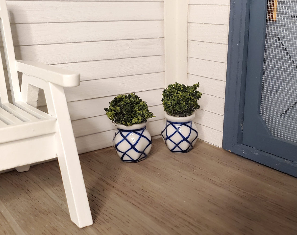 Dollhouse Ceramic Planter Blue & White Set of 2 Cross Hatch 1:12 Scale Miniature