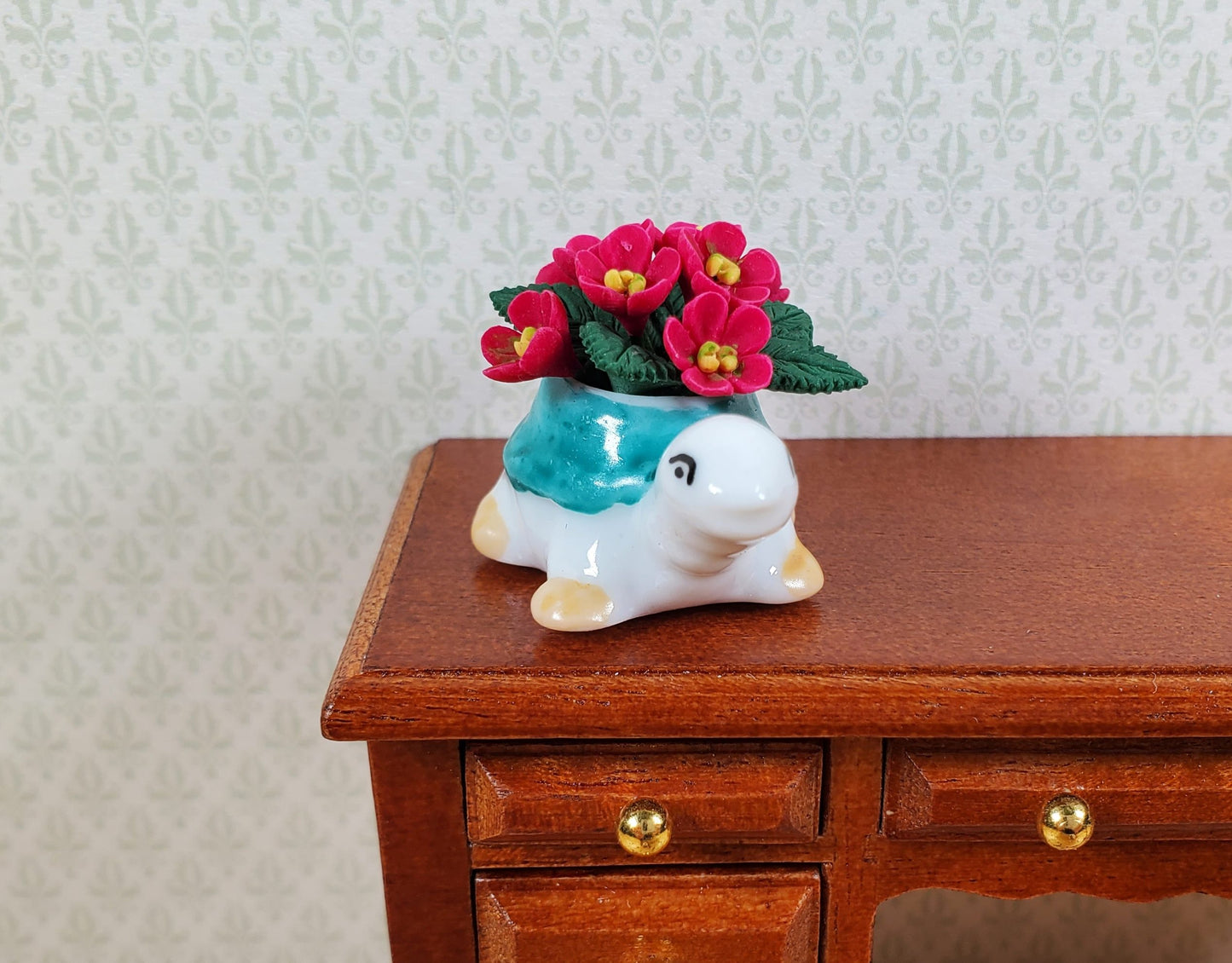 Dollhouse Magenta Flowers in a Ceramic Turtle Planter 1:12 Scale Miniature