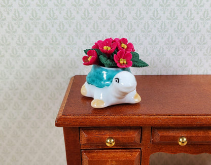 Dollhouse Magenta Flowers in a Ceramic Turtle Planter 1:12 Scale Miniature