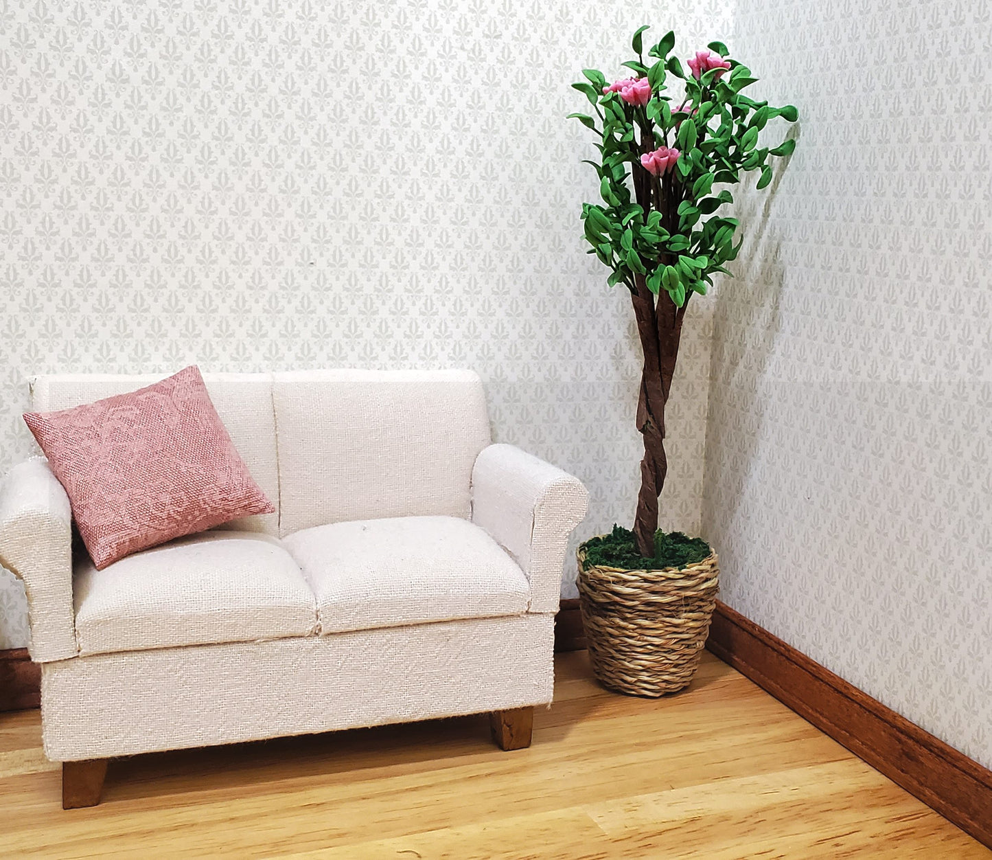 Dollhouse Large Ornamental Flowering Tree in Woven Basket 1:12 Scale Miniature