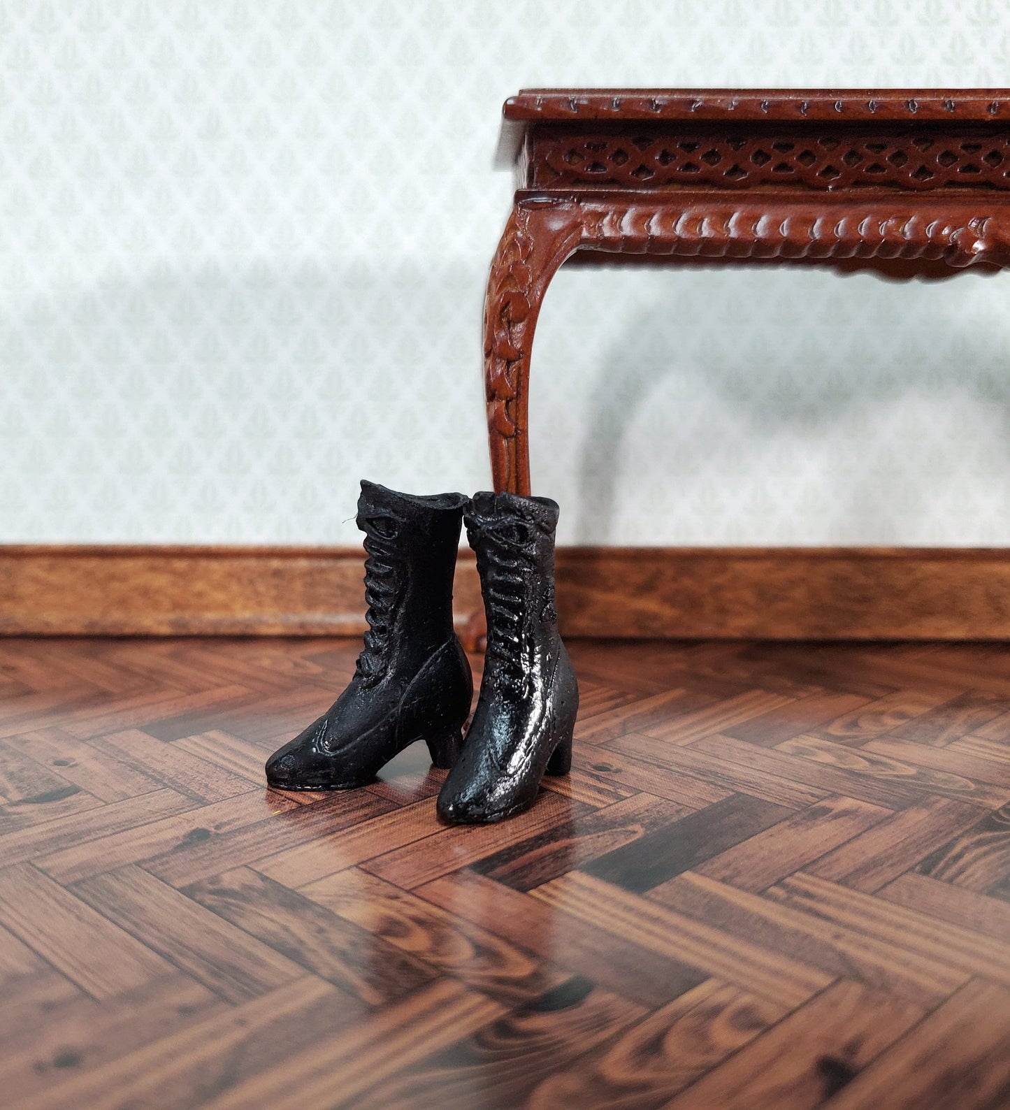 Dollhouse Victorian Boots Tall Black Lace Up Resin Miniatures 1 1/8" Tall