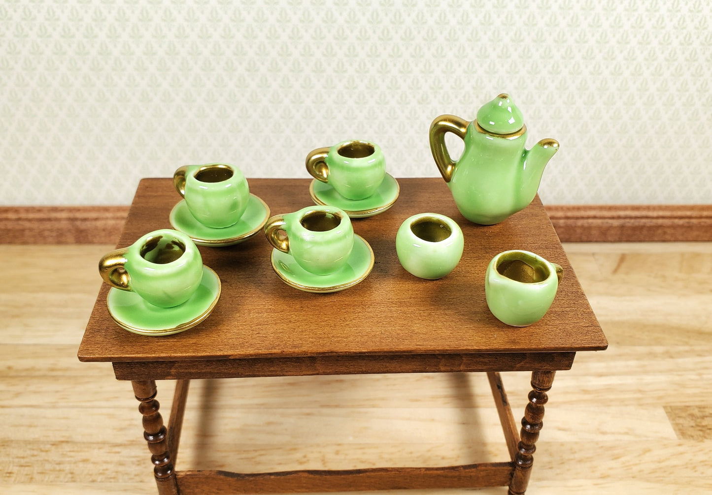 Miniature Retro Tea Set Teapot 4 Cups Saucers Sugar Creamer Green Gold OVERSIZED