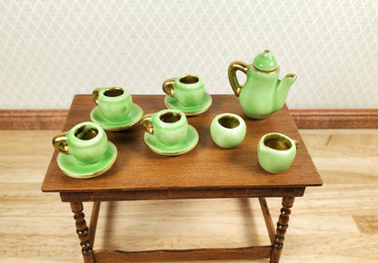 Miniature Retro Tea Set Teapot 4 Cups Saucers Sugar Creamer Green Gold OVERSIZED