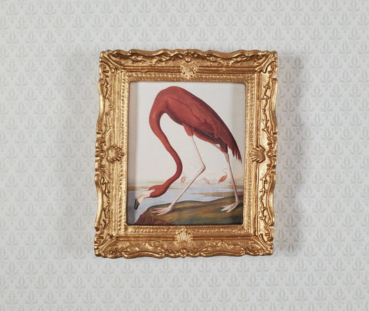 Miniature Pink Flamingo Print John James Audubon 1:12 Scale Dollhouse Gold Frame