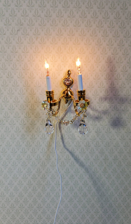 Dollhouse Miniature Sconce Double Candle with Crystals 12 Volt 1:12
