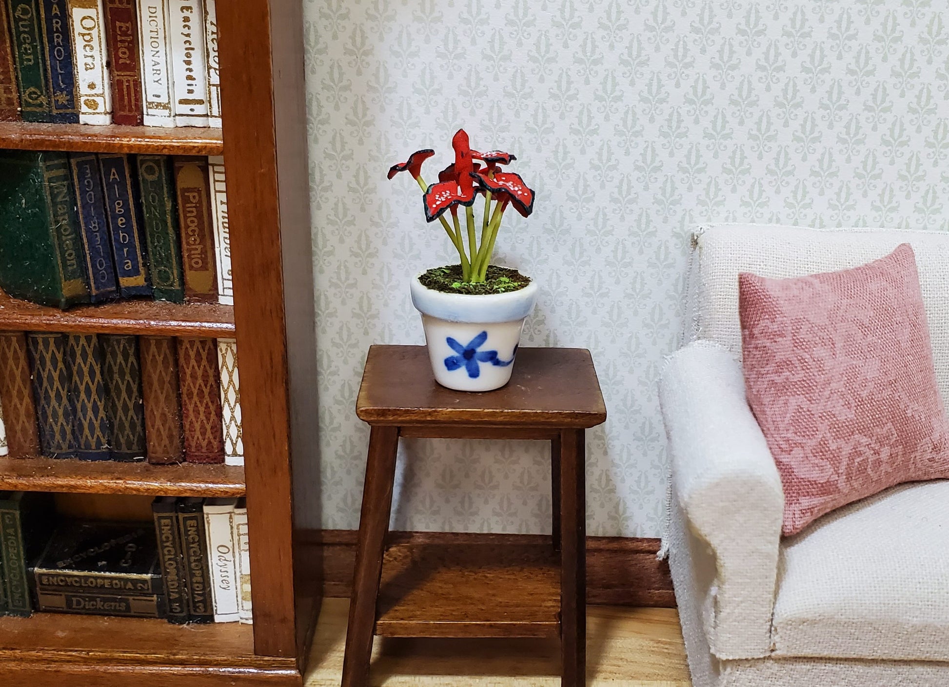 Dollhouse Red Caladium Plant in a Blue & White Ceramic 1:12 Scale Miniature