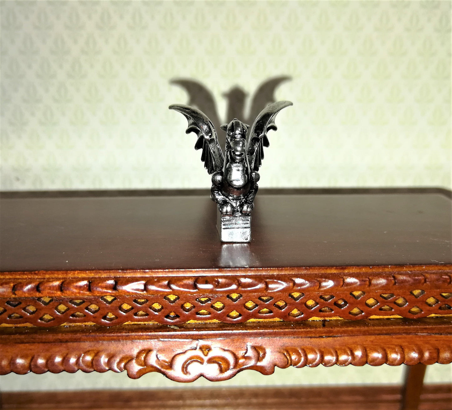 Dollhouse Miniature Dragon Statue Silver Tone 1:12 Scale 7/8" Tall Detailed