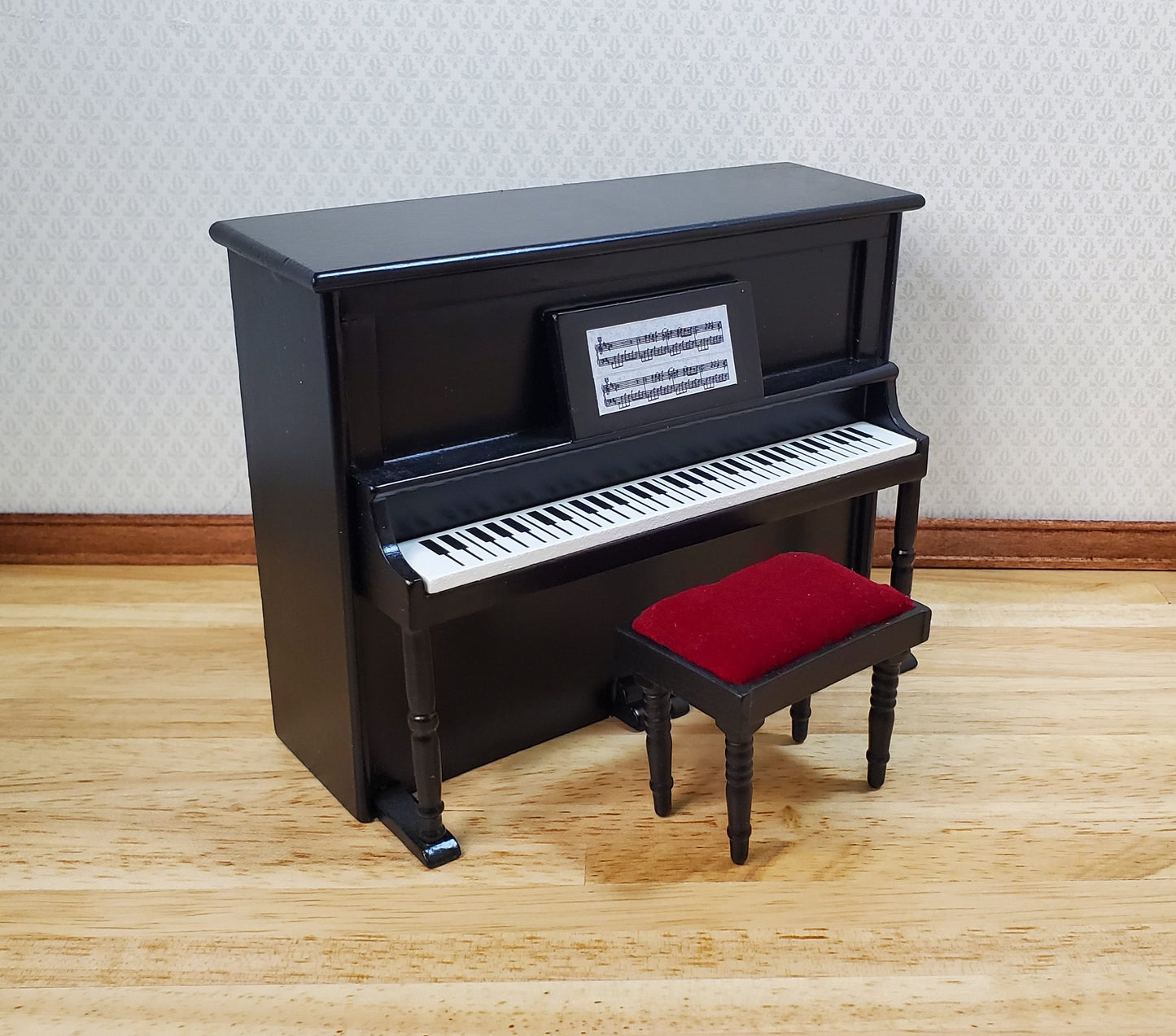 Miniature Upright Piano with Bench Seat Wood 1:12 Scale Dollhouse Black Finish