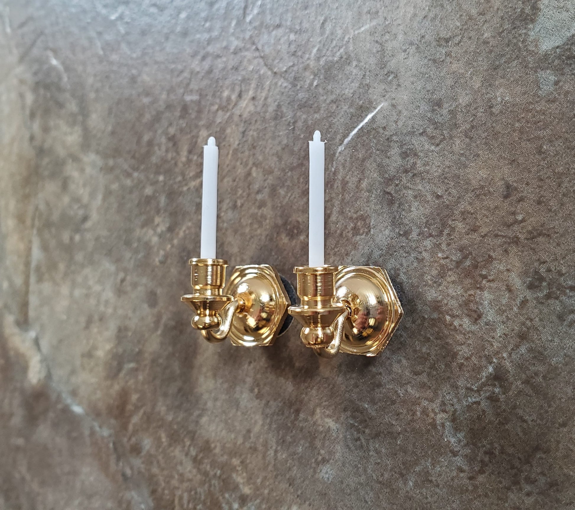Set of 2 Dollhouse Candle Wall Sconces Gold Metal 1:12 Scale Miniature