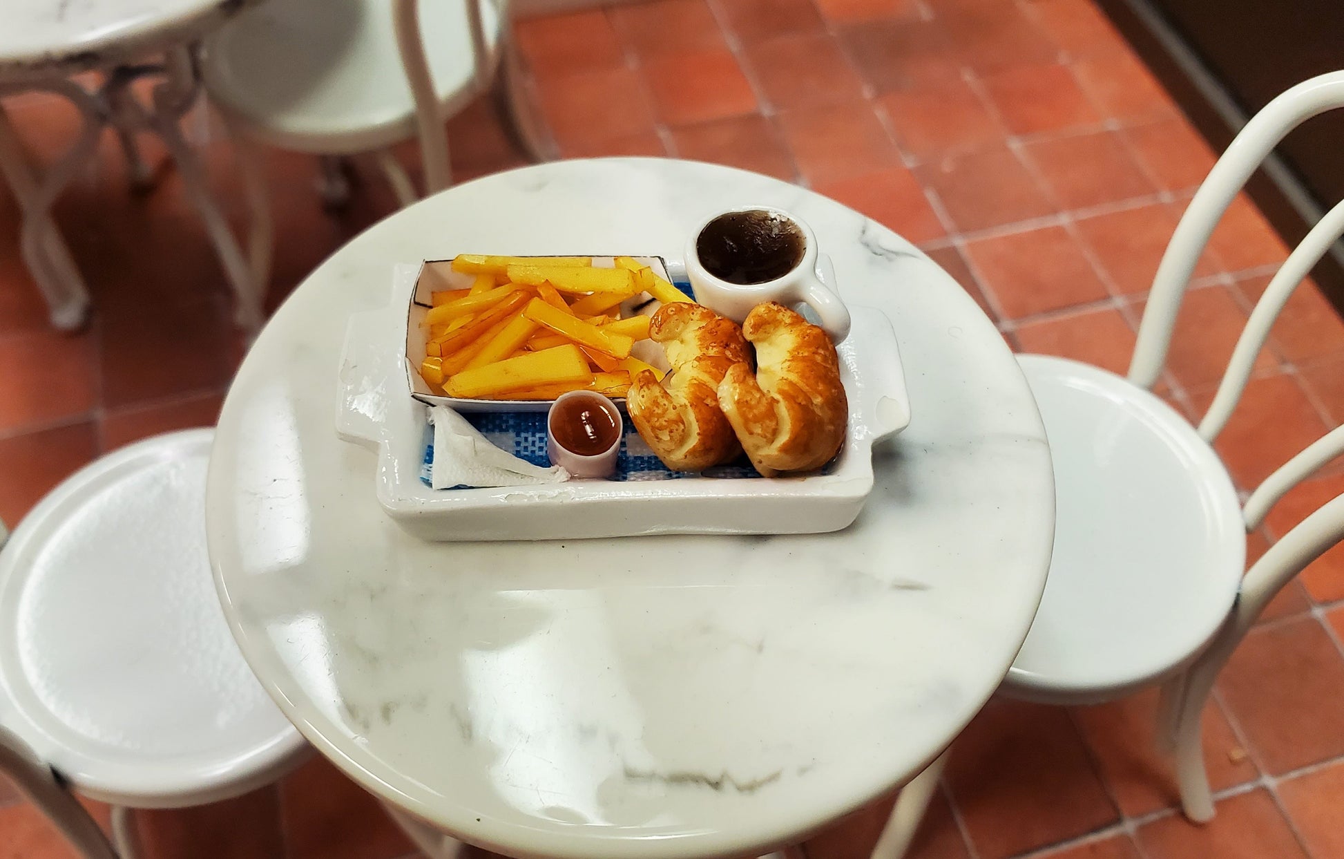 Dollhouse Croissant & Potatoes Coffee Sauce on Tray 1:12 Scale Miniature Food