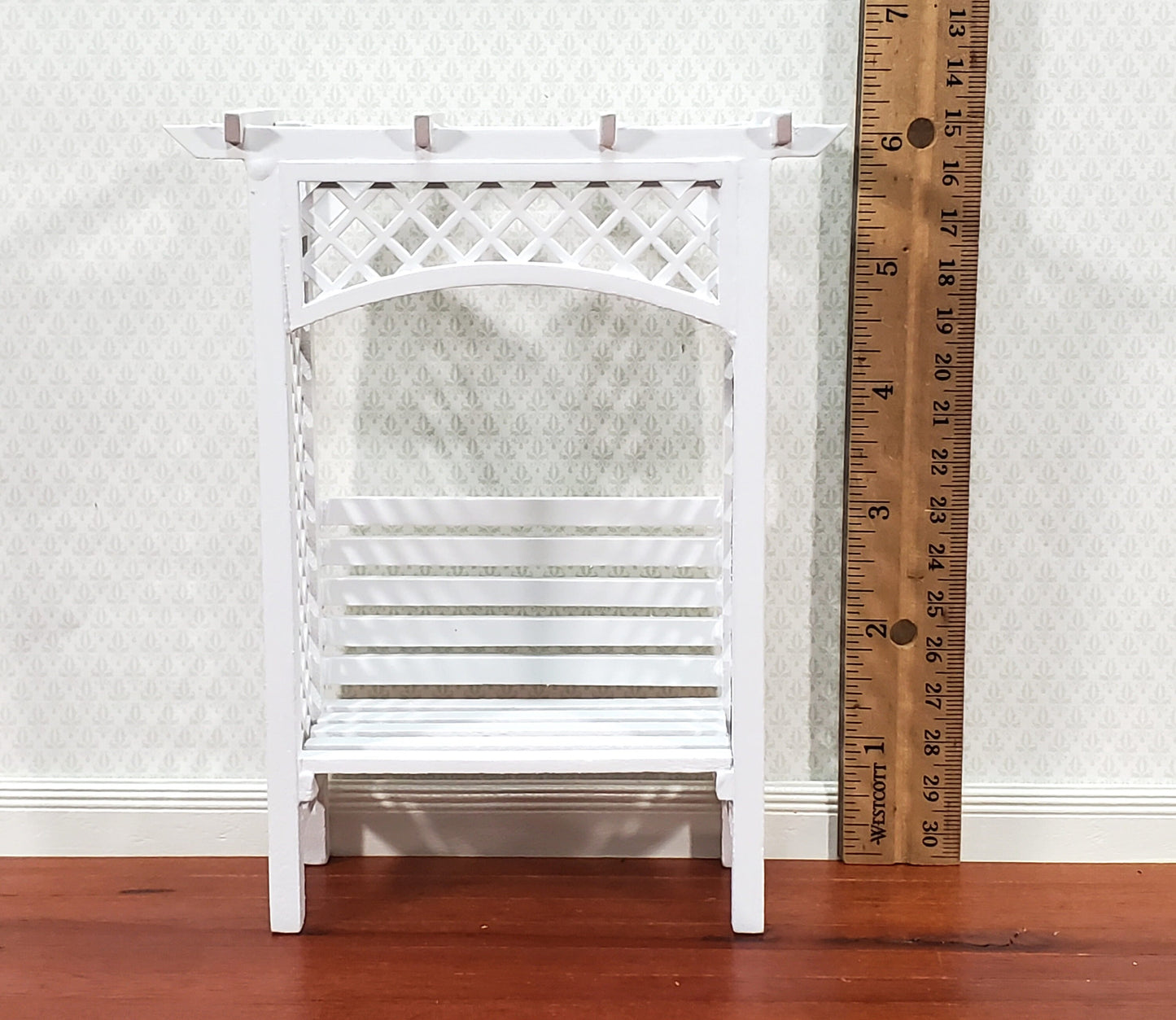 Dollhouse Garden Arbor Bench with Trellis for Flowers White Wood 1:12 Scale Miniature