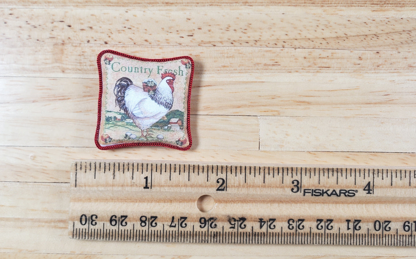Dollhouse Country Rooster Pillow Red Trim Handmade 1:12 Scale Miniature