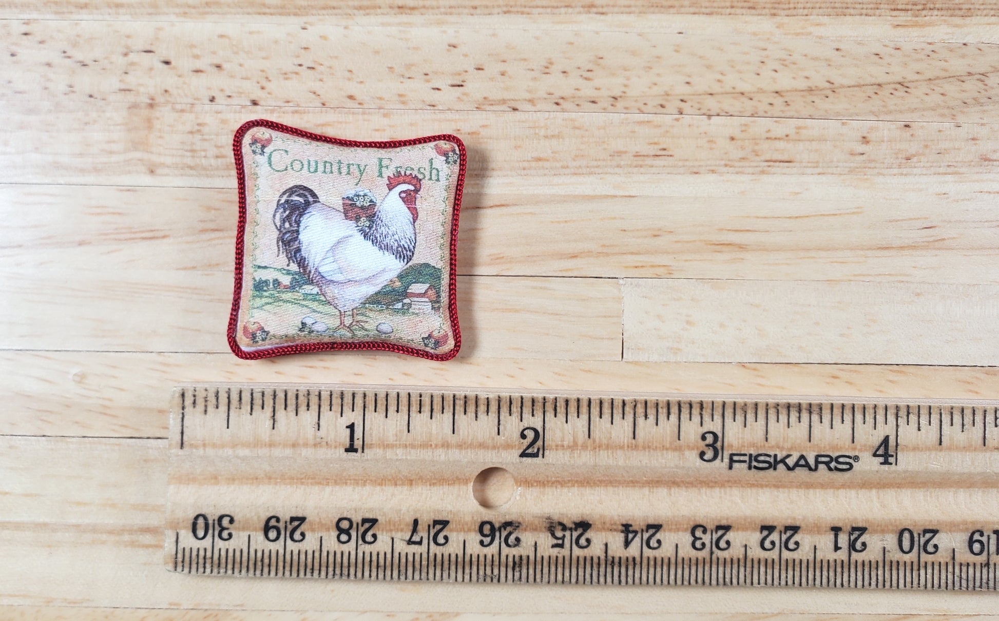Dollhouse Country Rooster Pillow Red Trim Handmade 1:12 Scale Miniature