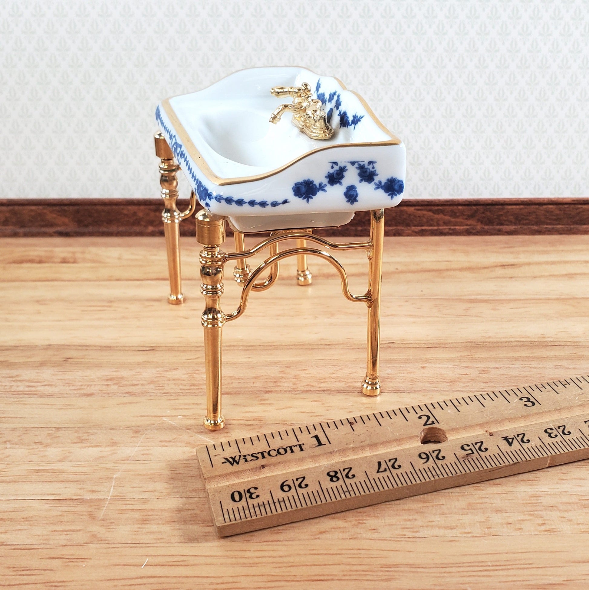 Dollhouse Sink Bathroom Small White and Blue Reutter Porcelain Miniature