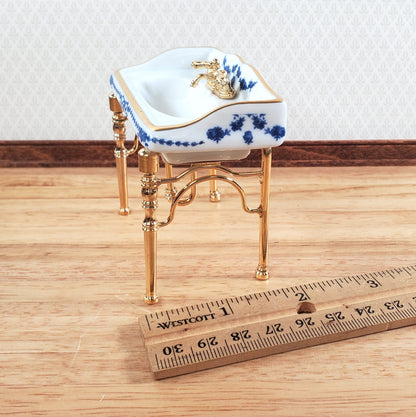 Dollhouse Sink Bathroom Small White and Blue Reutter Porcelain Miniature