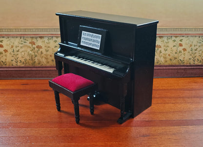 Miniature Upright Piano with Bench Seat Wood 1:12 Scale Dollhouse Black Finish