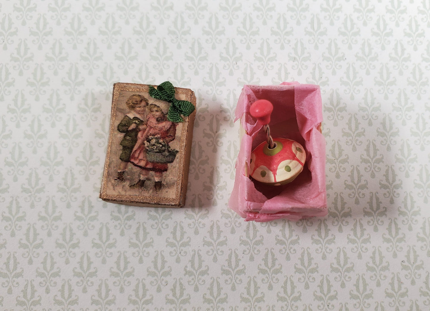 Dollhouse Toy Top in Gift Box Handmade Wood 1:12 Scale Miniature Nursery