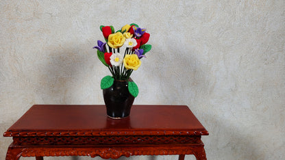 Dollhouse Yellow Roses & Asst Flowers in Black Ceramic Vase 1:12 Scale Miniature