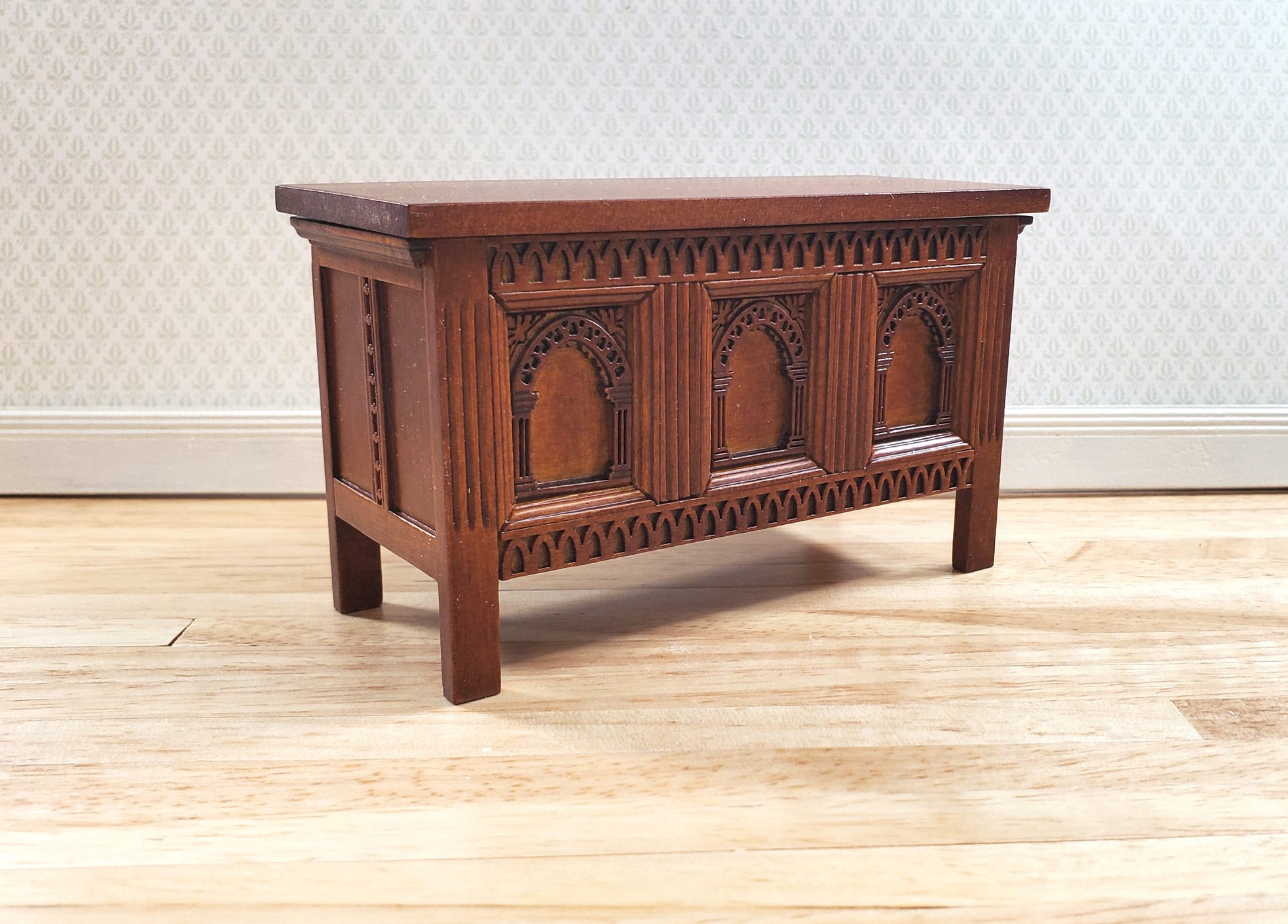 JBM Dollhouse Trunk Chest Tudor Gothic Style Walnut Finish 1:12 Scale Miniature