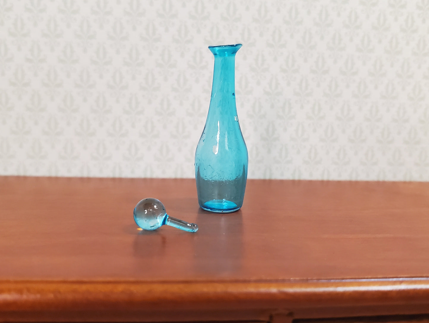 Dollhouse Tall Turquoise Blue Glass Decanter 1:12 Scale Miniature Dining Decor