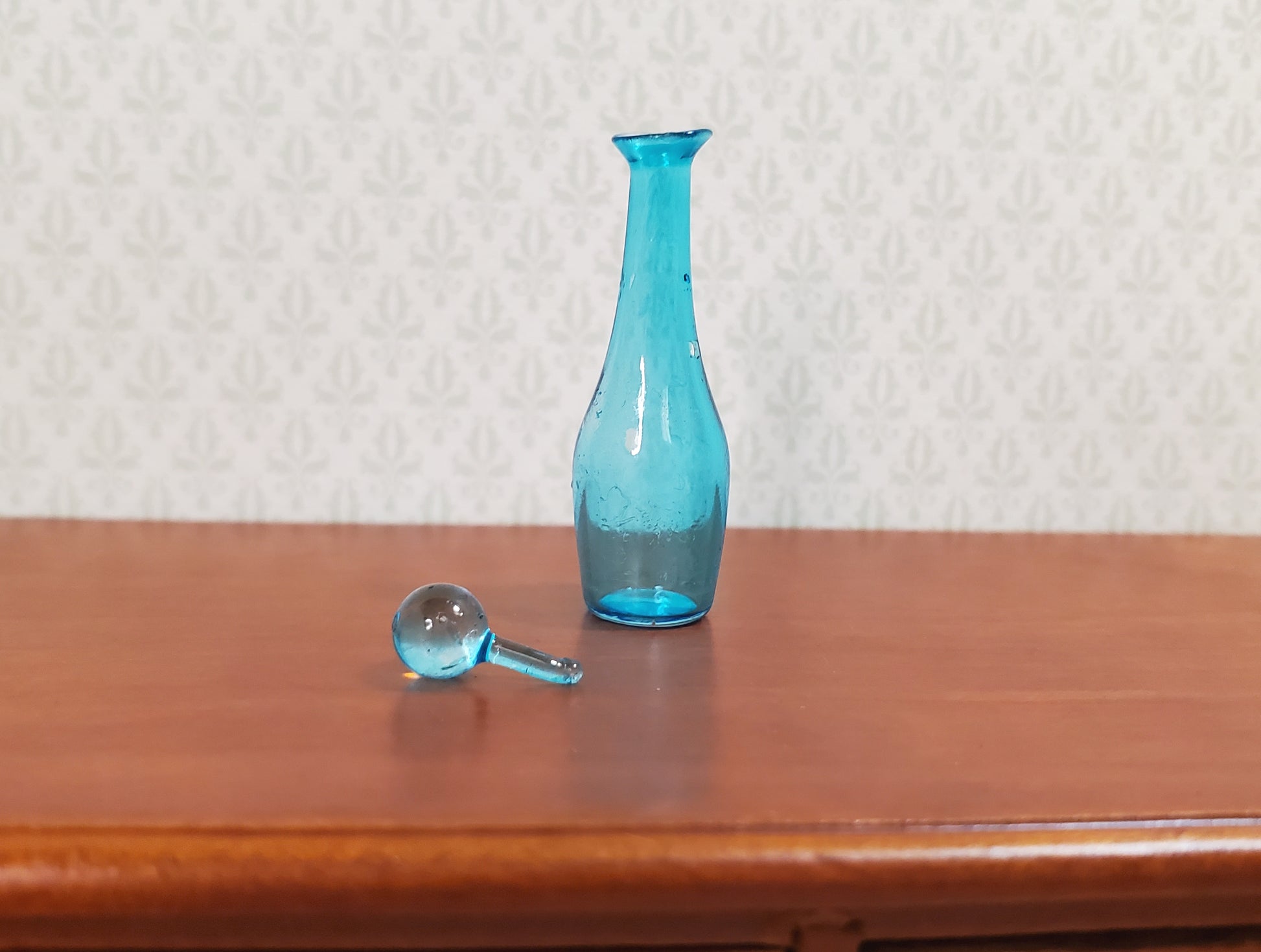 Dollhouse Tall Turquoise Blue Glass Decanter 1:12 Scale Miniature Dining Decor