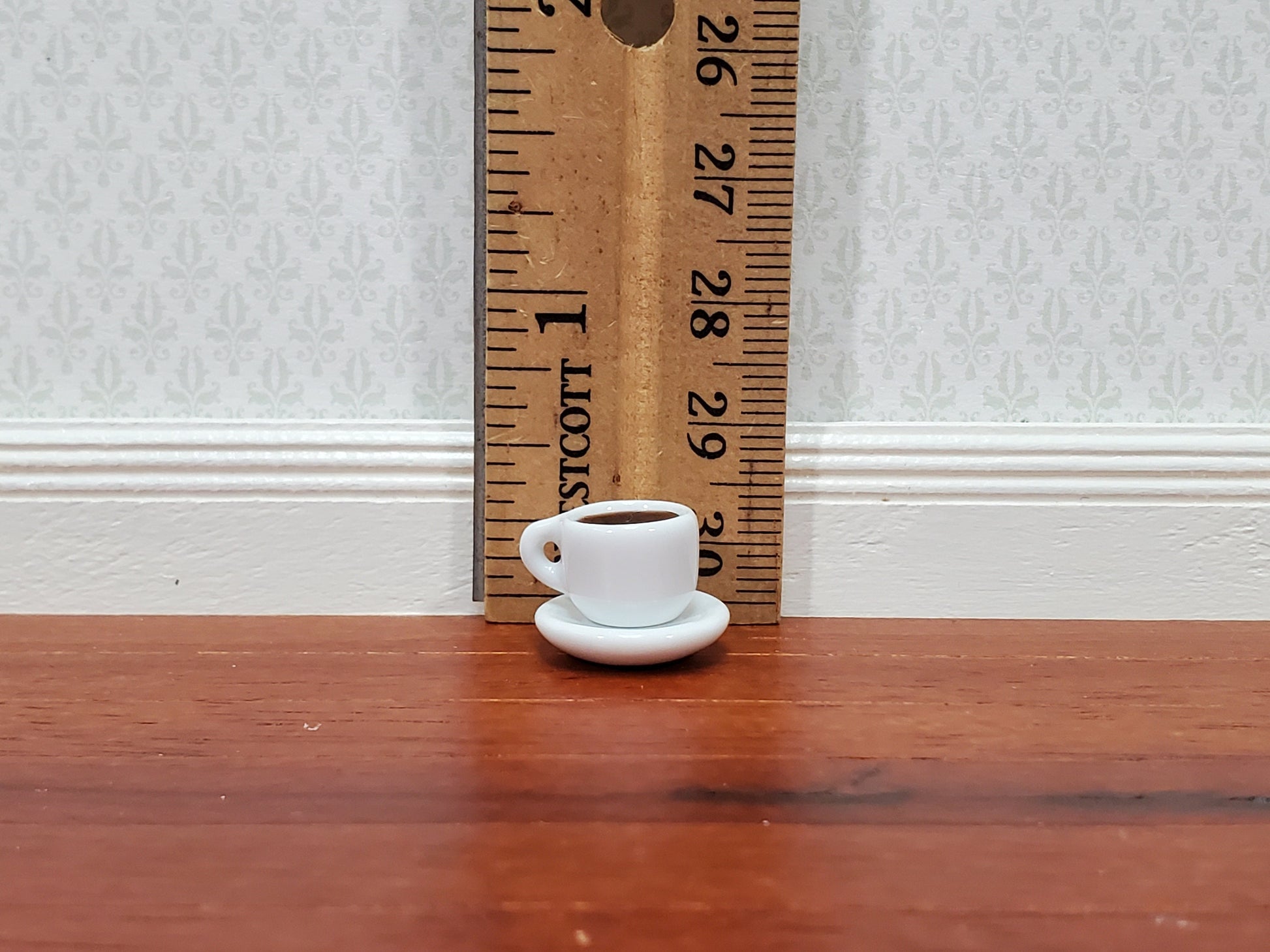 Dollhouse Filled Coffee Mug Cup with Saucer White Ceramic 1:12 Scale Miniature
