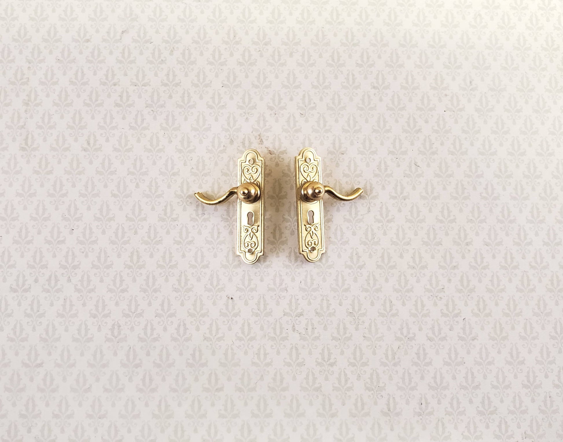 Dollhouse Door Handles with Fancy Plate x2 French Lever Style Gold 1:12 Scale
