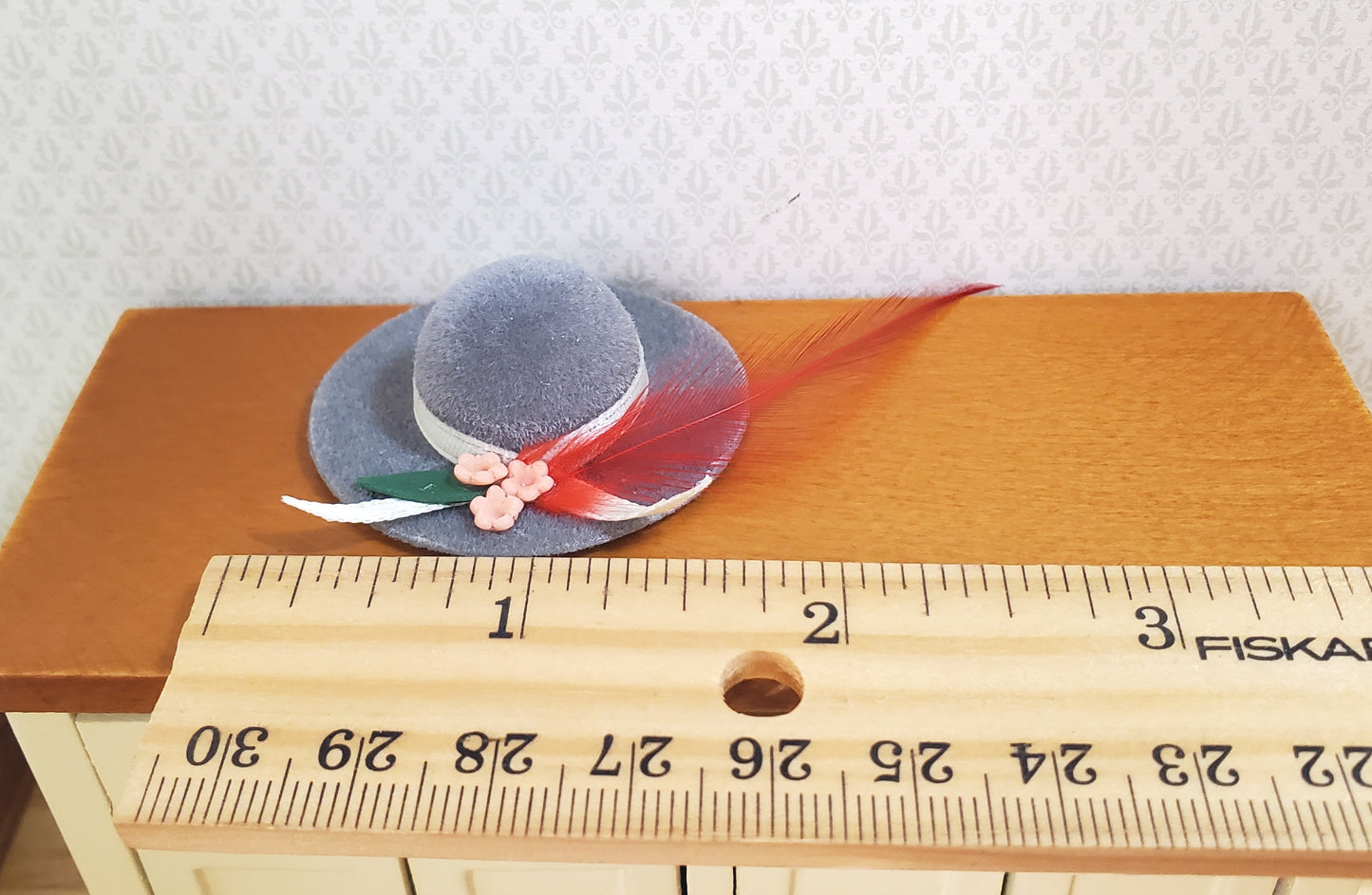 Dollhouse Gray Velvet Hat with Feather & Flowers Wearable 1:12 Scale Miniature