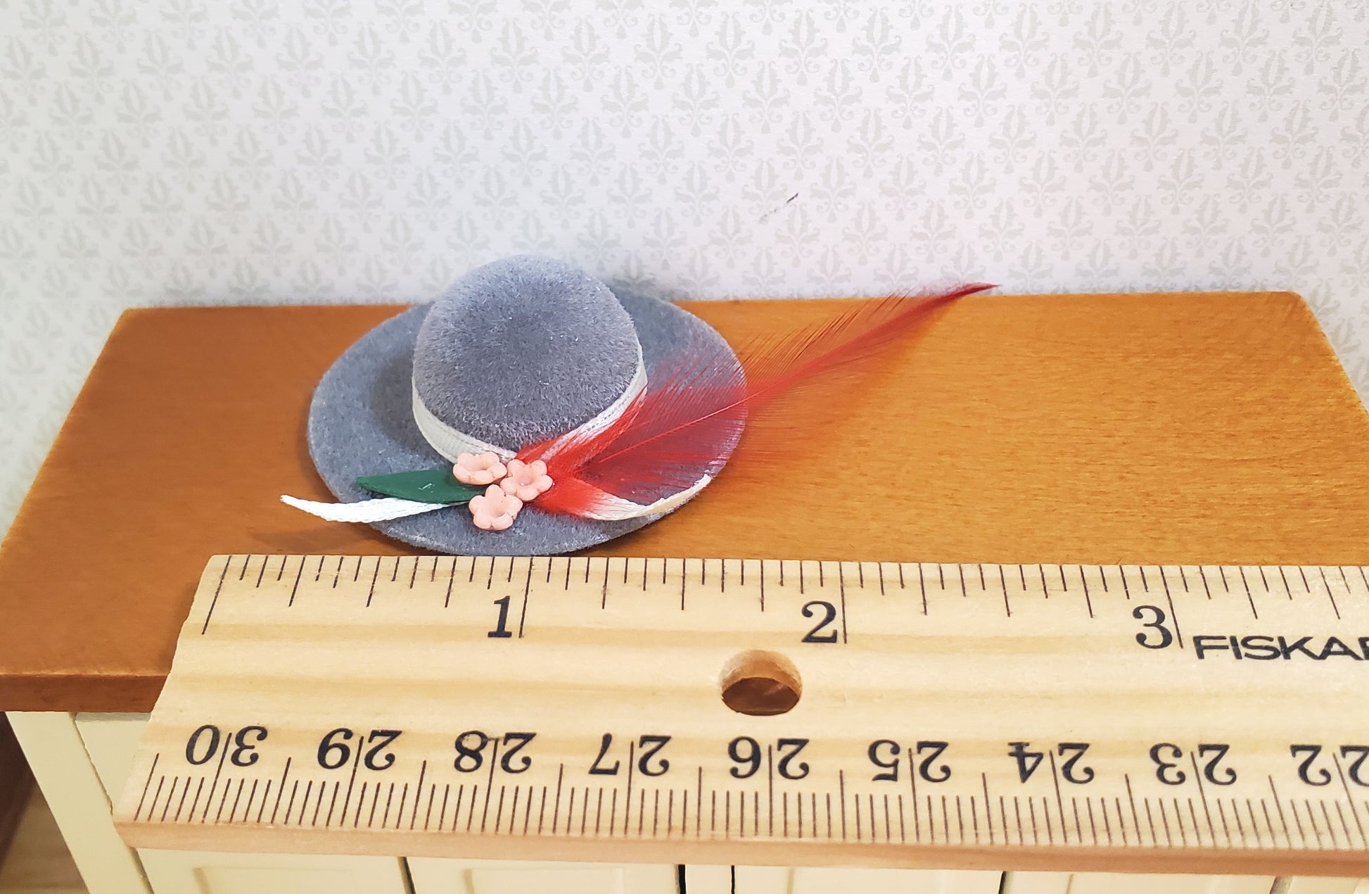 Dollhouse Gray Velvet Hat with Feather & Flowers Wearable 1:12 Scale Miniature