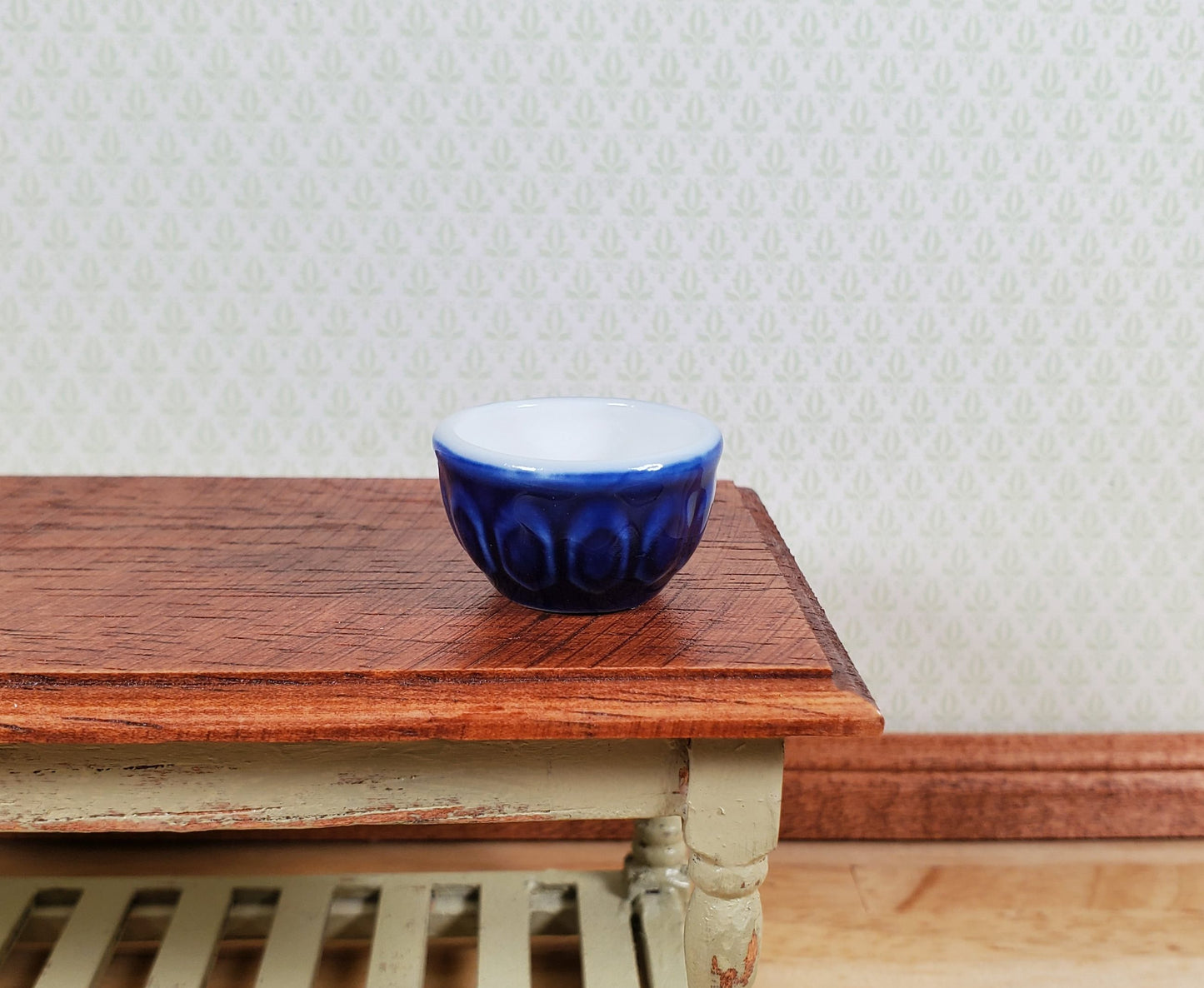 Dollhouse Mixing Bowl Large Ceramic with Pattern Blue 1:12 Scale Miniature