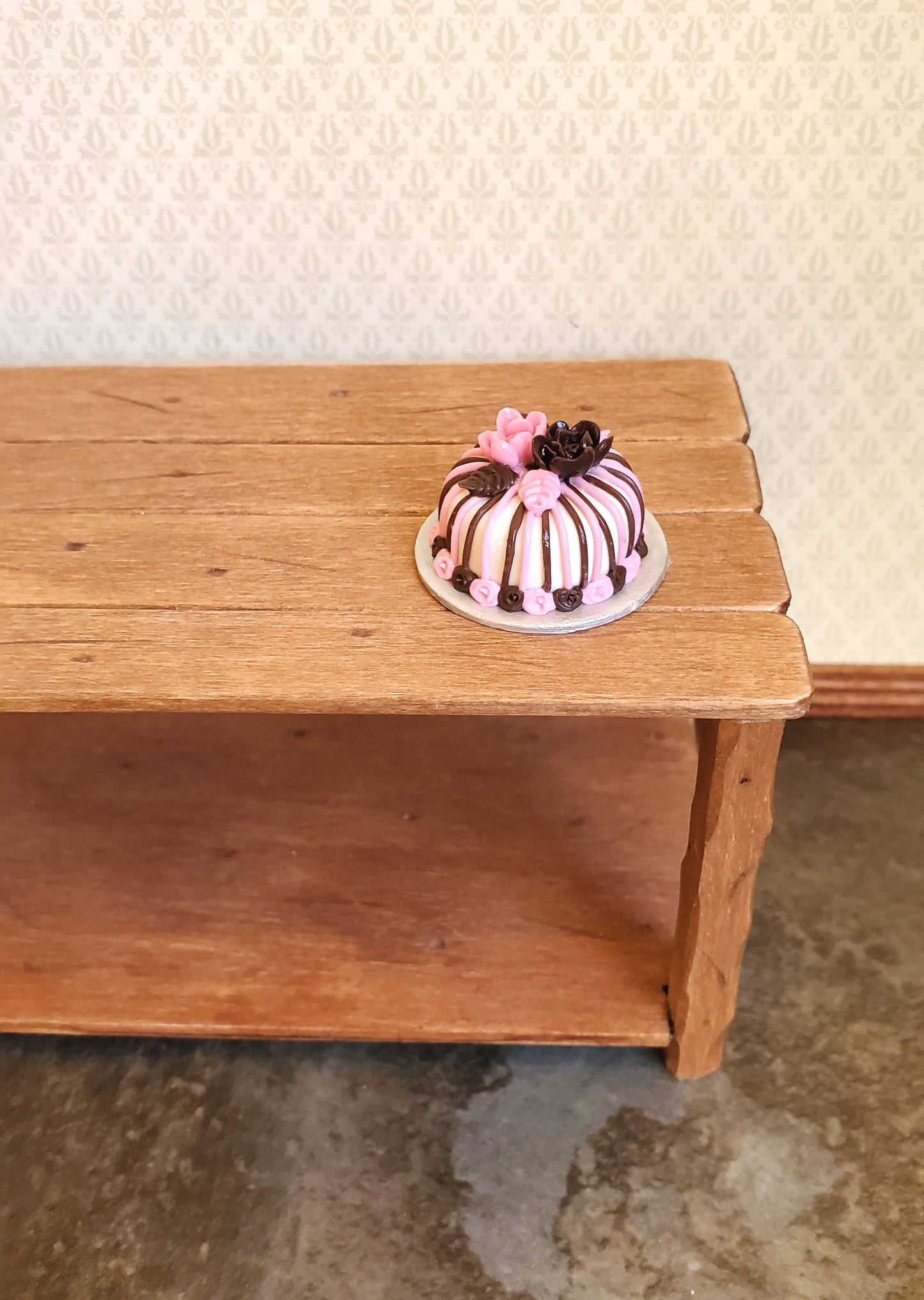 Dollhouse Miniature Round Cake with Flowers 1:12 Scale Pink & Chocolate Striped