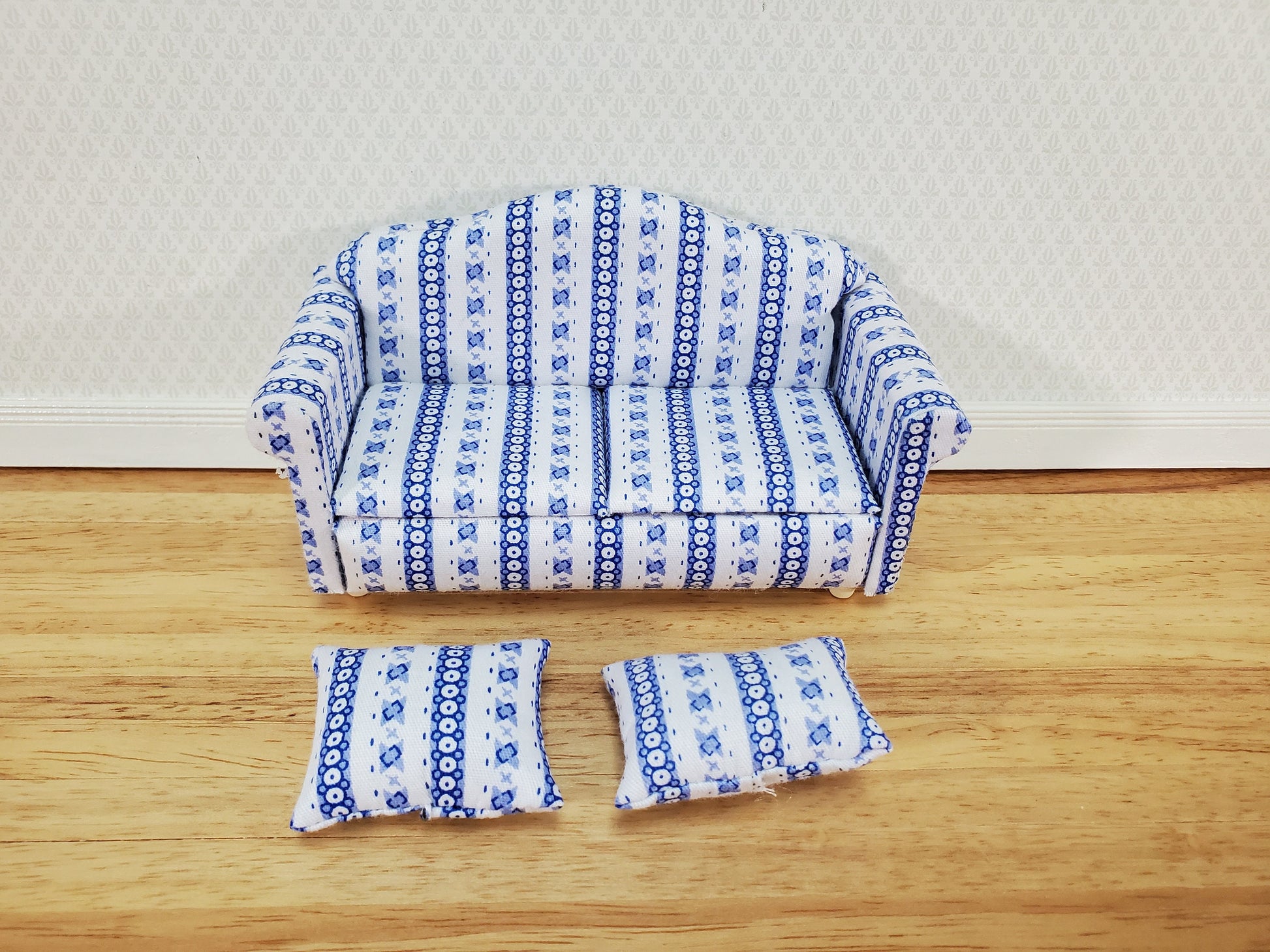 Dollhouse Sofa Couch Modern Blue & White with Cushions 1:12 Scale Miniature Furniture