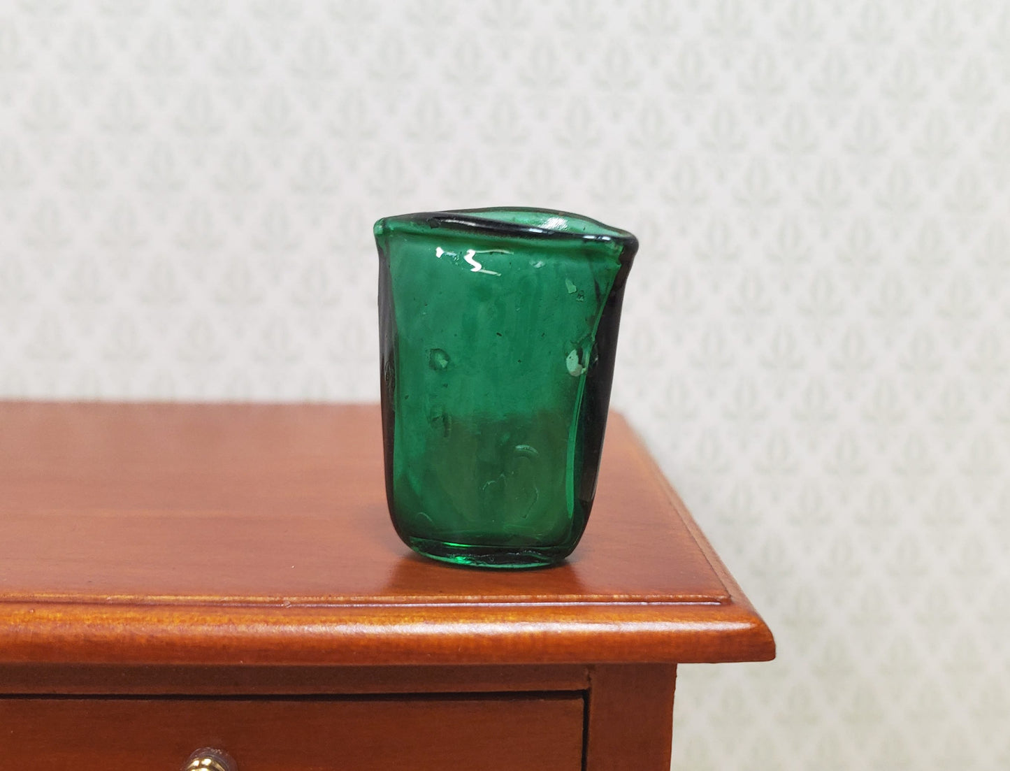 Dollhouse Crimped Narrow Vase Green Glass 1:12 Scale Miniature