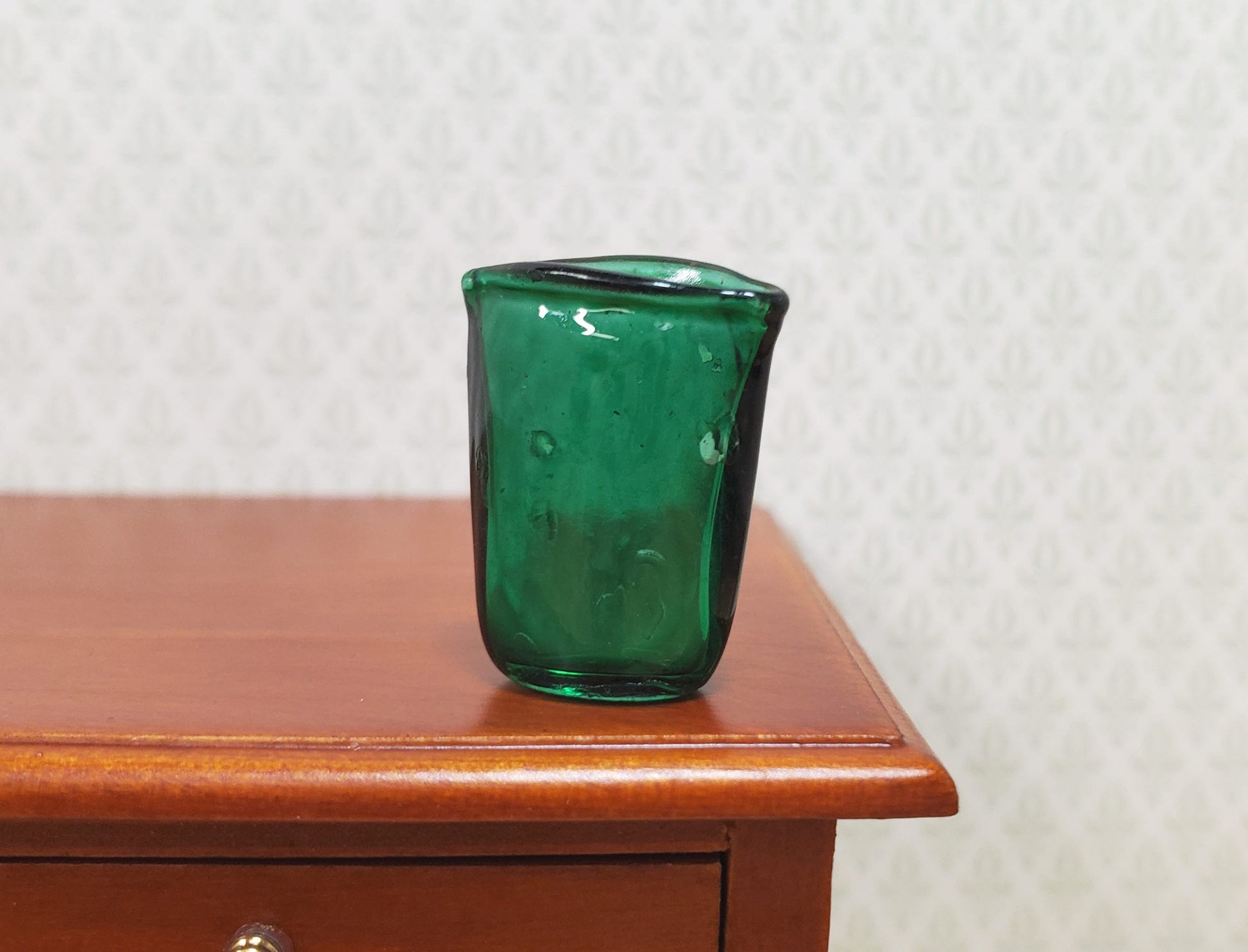 Dollhouse Crimped Narrow Vase Green Glass 1:12 Scale Miniature